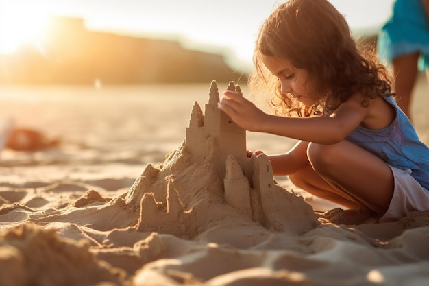 Dziewczyna buduje zamek z piasku na plaży