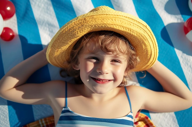 Dziewczyna cieszy się letnimi wakacjami na plaży, opalając się Ai generowane