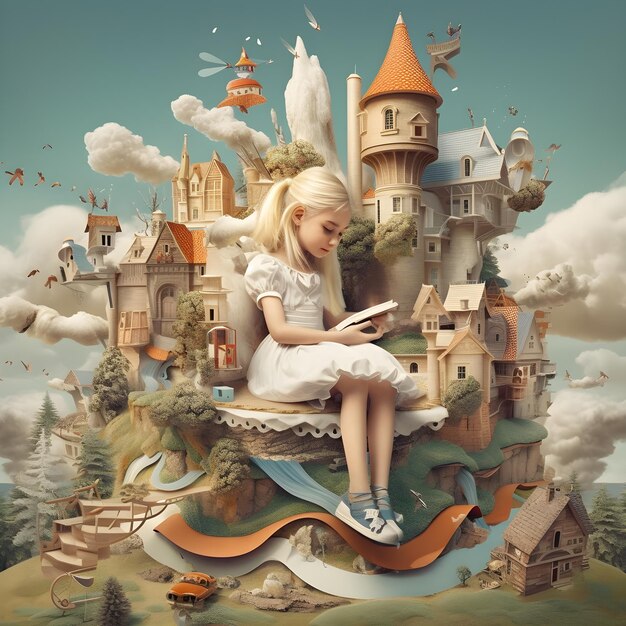 Dziewczyna czytająca książkę na dużym kawałku ziemi.