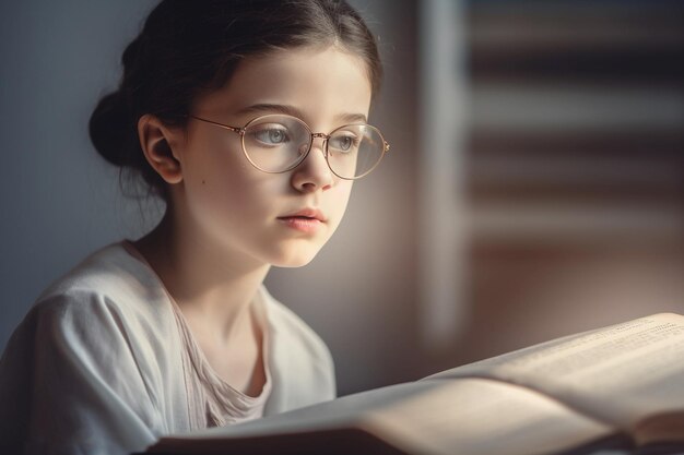 Dziewczyna czytająca książkę ze światłem na twarzy