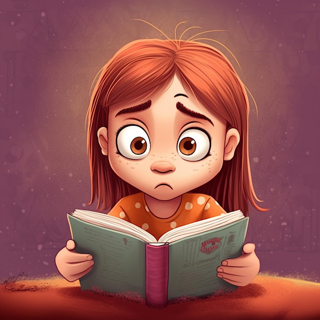 Dziewczyna czytająca książkę ze zmęczoną twarzą