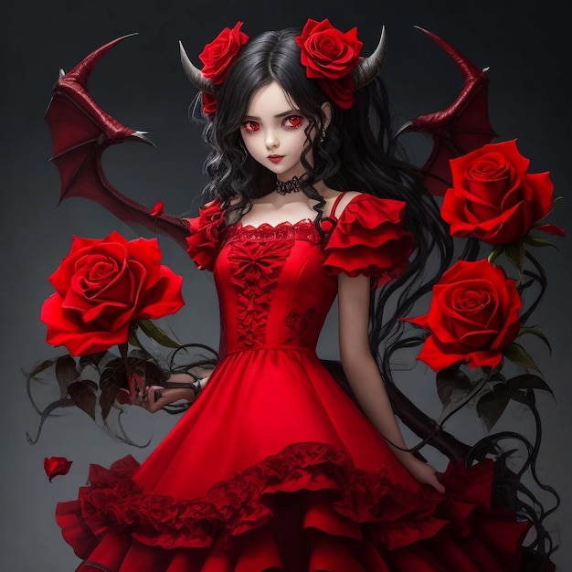 Dziewczyna demon nosząca czerwoną różową sukienkę