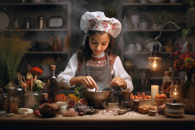 Zdjęcie dziewczyna gotuje jedzenie w kuchni.