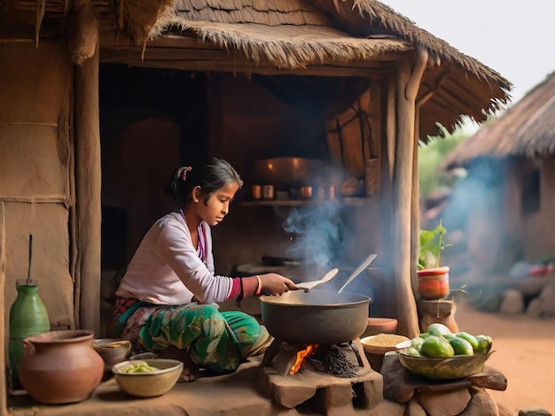 Dziewczyna gotuje w małej chatce.