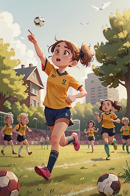 dziewczyna gra w piłkę nożną z przyjaciółmi na kampusie szczęśliwego dzieciństwa kreskówka tapeta tło