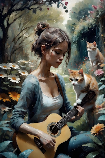 Dziewczyna grająca na gitarze z kotem obok niej w pięknym ogrodzie z kwiatami i drzewami