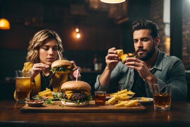 Dziewczyna i chłopak jedzą pysznego burgera w towarzystwie kieliszka whisky na skałach