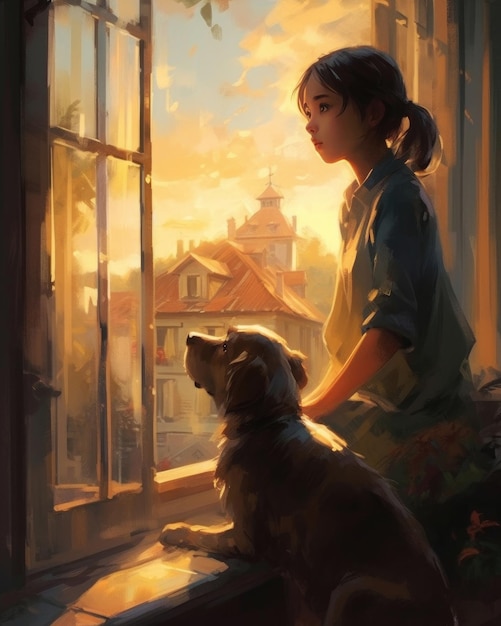 Dziewczyna i jej pies wyglądają przez okno.
