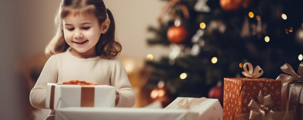 Dziewczyna i matka w Boże Narodzenie w salonie z prezentami świątecznymi i drzewem pustej kopii sp