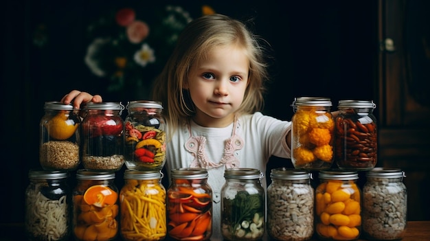Zdjęcie dziewczyna i słoik z zakrętami konserwowanych warzyw na zimę aigenerative ai