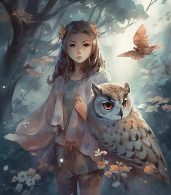 Dziewczyna i sowa w lesie