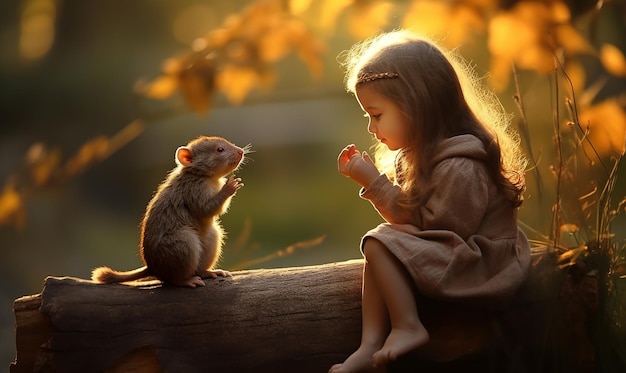 dziewczyna i wiewiórka siedzą na drewnie z dziewczyną trzymającą kwiat wiśni