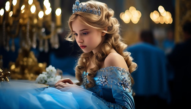 Dziewczyna jak księżniczka Blond włosy W niebieskiej sukience księżniczki