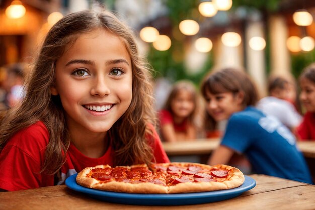 Zdjęcie dziewczyna jedząca pizzę w kawiarni niezdrowe jedzenie czerwona koszulka