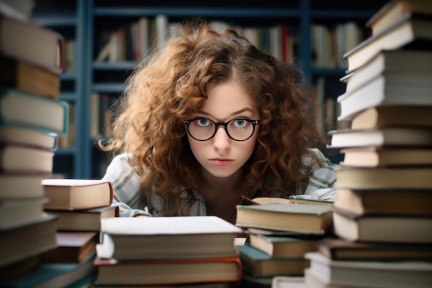 Dziewczyna jest w szoku w bibliotece przed wieloma książkami przygotowującymi do egzaminu