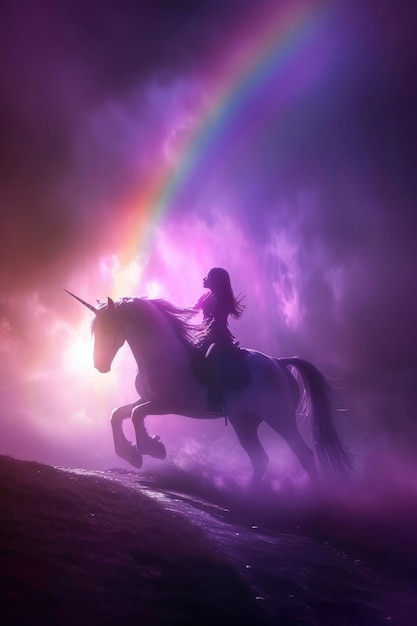 Dziewczyna jeźdząca na magicznym jednorożcu w scenie sylwetkowej kąpiąca się w silnym fioletowym podświetleniu otoczona przez