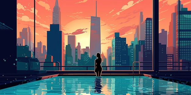 Dziewczyna kąpa się w luksusowym basenie na dachu hotelu w Nowym Jorku w letni poranek W tle znajdują się drapacze chmur Jasny wektor kolorystyczny