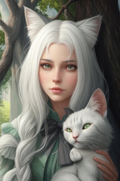 Dziewczyna kobieta białe włosy z drzewnymi kotami i kocimi uszami fotorealizm realistyczna fantazja