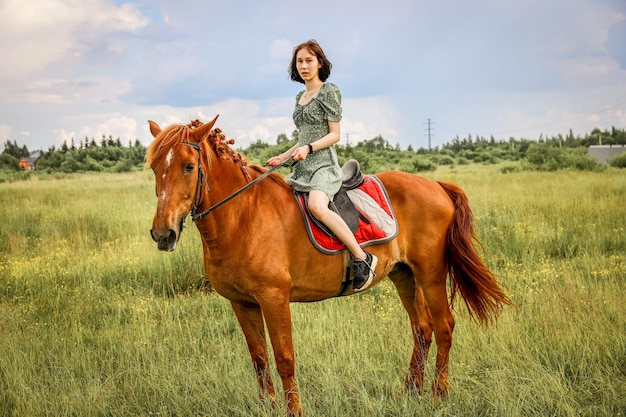 Dziewczyna na koniu w słonecznym wiejskim polu