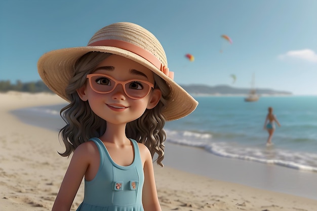 Dziewczyna na plaży cieszy się latem w stylu filmów Cinema4d