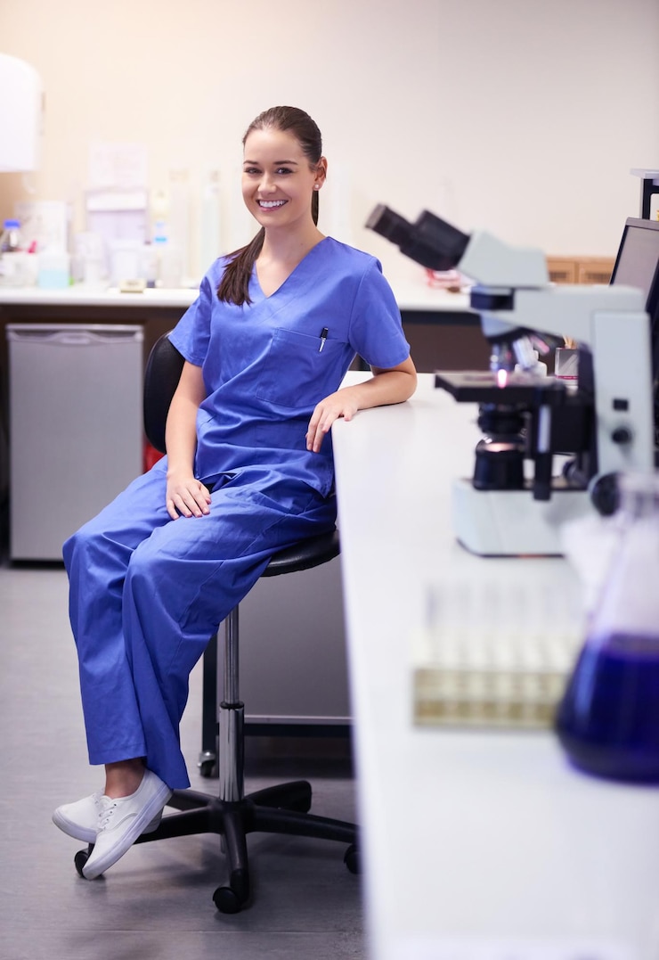 Zdjęcie dziewczyna naukowiec i portret z uśmiechem w laboratorium dla badań medycznych badanie kliniczne i mikroskop dla badań biomedycznych kobieta pracownik farmaceutyczny biotechnologii i dumny dla badań eksperymentalnych