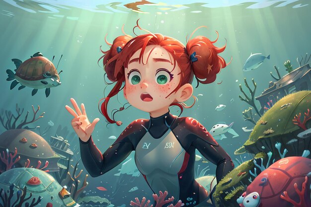 Dziewczyna nurkowanie pod morzem kolorowy podwodny świat koralowców tapeta tło ilustracja
