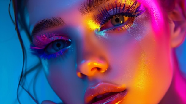 Dziewczyna o jasnej skórze niebieskie oczy długie fałszywe rzęsy jasny makijaż w kolorach neonowych