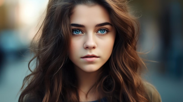 Dziewczyna o niebieskich oczach stoi na ulicy.