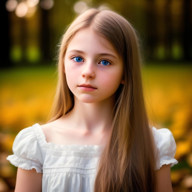 Dziewczyna o niebieskich oczach stoi w lesie.
