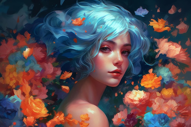 Dziewczyna o niebieskich włosach i kwiatku we włosach