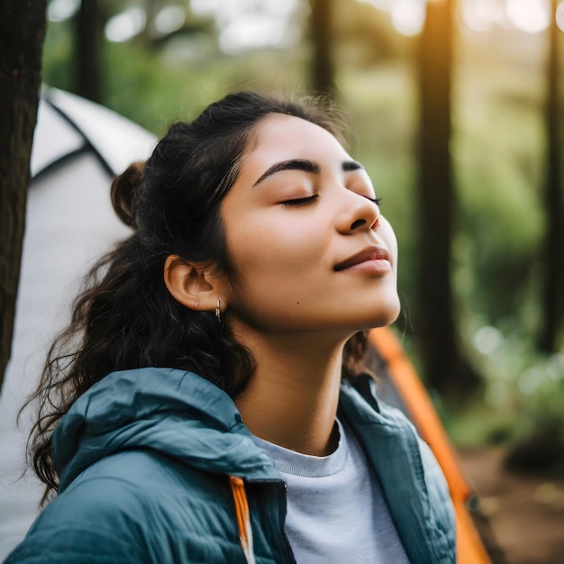 Zdjęcie dziewczyna obozująca w lesie, zamykając oczy i oddychając świeżym powietrzem. koncepcja wakacji nat.