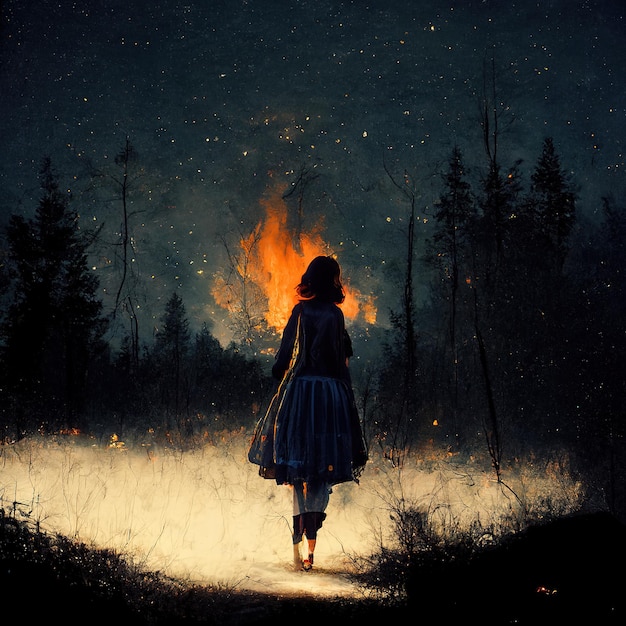 dziewczyna oddalająca się od ogniska, noc, światło księżyca, tajemnicza