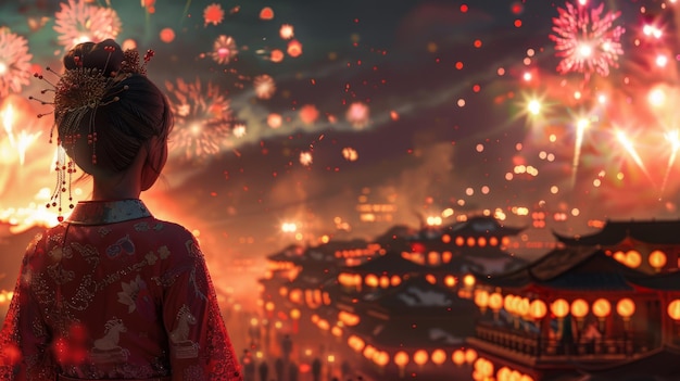 Zdjęcie dziewczyna oglądająca fajerwerki nad starożytnym chińskim miastem