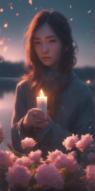 Dziewczyna oświetlona świecami Kwiaty wietrzne jezioro Księżyc spojrzenie na kamerę Prefekt Twarz Pół ciała
