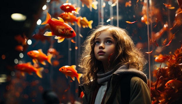Dziewczyna patrząca na ryby Rozgrywa się hipnotyzująca scena, gdy młoda dziewczyna fascynuje grupę ryb swoim niezaprzeczalnym urokiem i wdziękiem