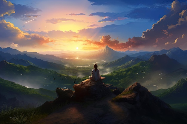 Dziewczyna patrząca w chmury krajobrazu w stylu anime akwarel