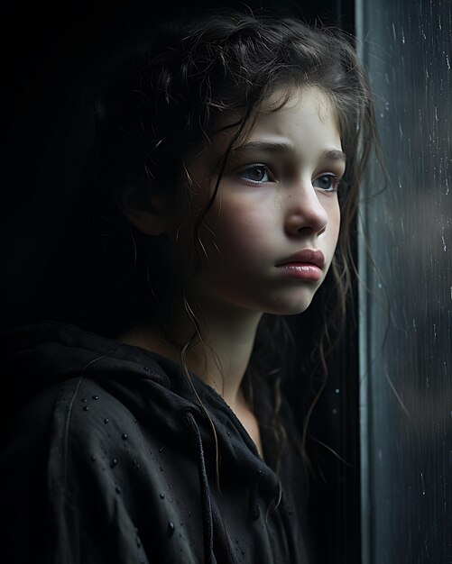 Dziewczyna patrząca w deszczowe okno