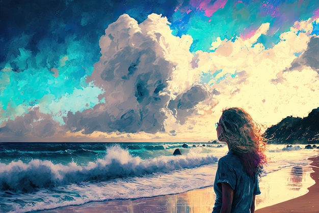 Dziewczyna patrzy na morze w wietrzny dzień pochmurne niebo patrząc na generatywną ilustrację AI medytacji horyzontu oceanu
