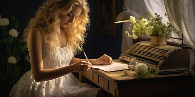 Dziewczyna pisze list do ukochanego mężczyzny siedzącego przy stole w domu w białej lekkiej sukience