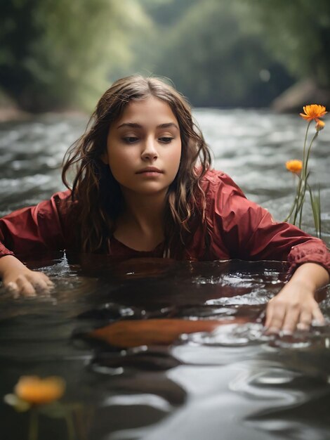Dziewczyna pływa w rzece.