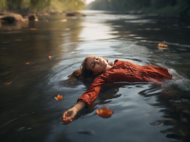 Zdjęcie dziewczyna pływa w rzece.
