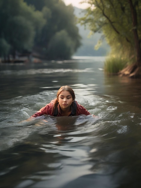 Dziewczyna pływa w rzece.