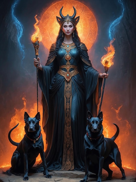Zdjęcie dziewczyna podobna do bogini stoi z płomieniem ognia i psem obok niej.