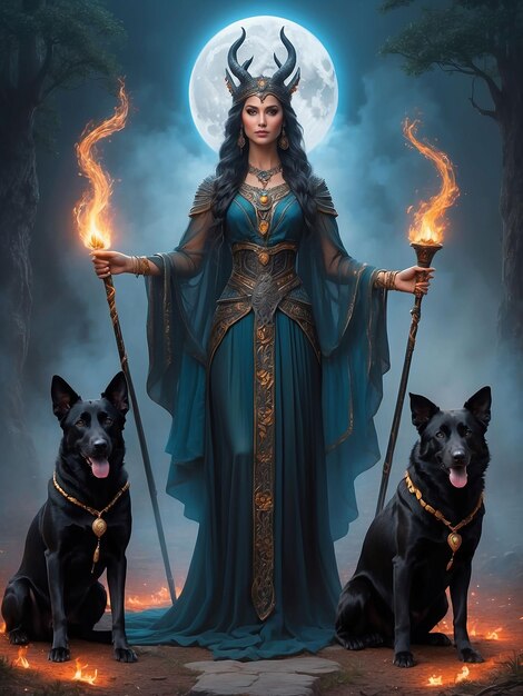Dziewczyna podobna do bogini stoi z płomieniem ognia i psem obok niej.