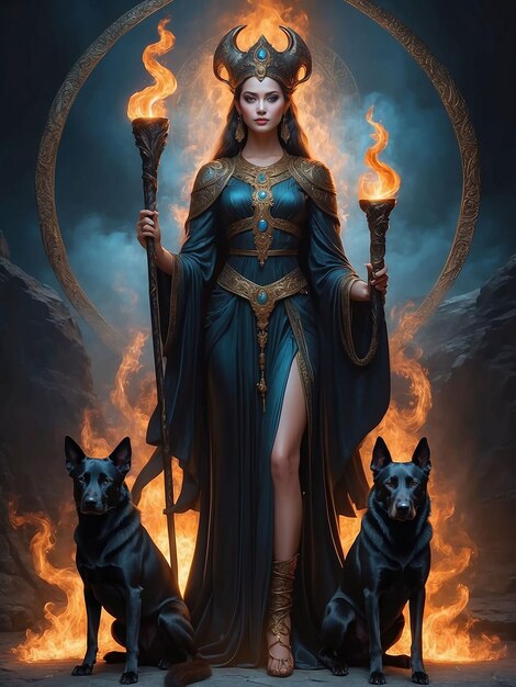 Dziewczyna podobna do bogini stoi z płomieniem ognia i psem obok niej.
