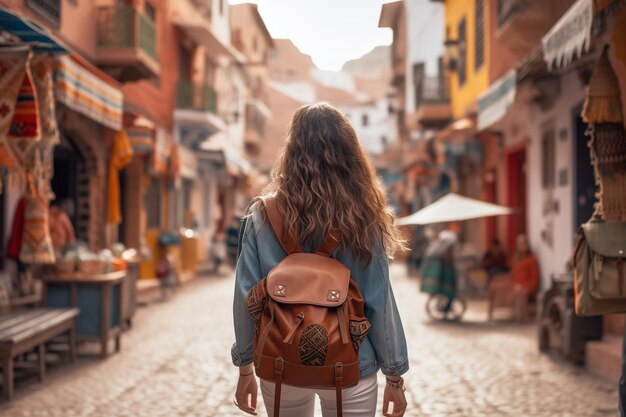 Dziewczyna podróżująca na ulicy starego miasta w Maroku Młody turysta z plecakiem w samotnej podróży