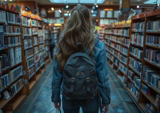 Dziewczyna przechodzi przez bibliotekę z plecakiem