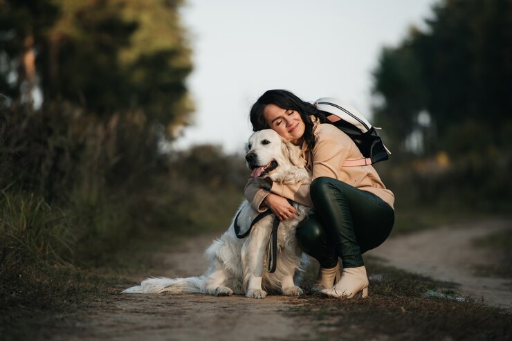 dziewczyna przytulanie psa golden retriever w lesie