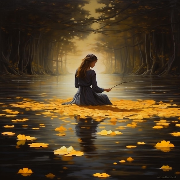 Dziewczyna puściła żółty liść i pozwoliła mu unosić się wraz z wodą w krajobrazie generującym Ai