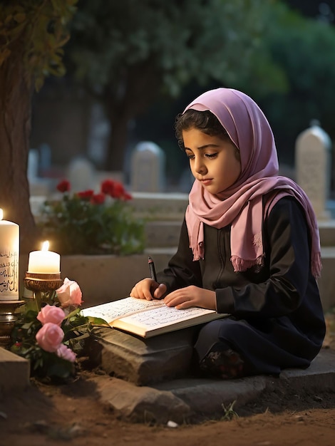 Dziewczyna recytuje Koran przed grobem matki